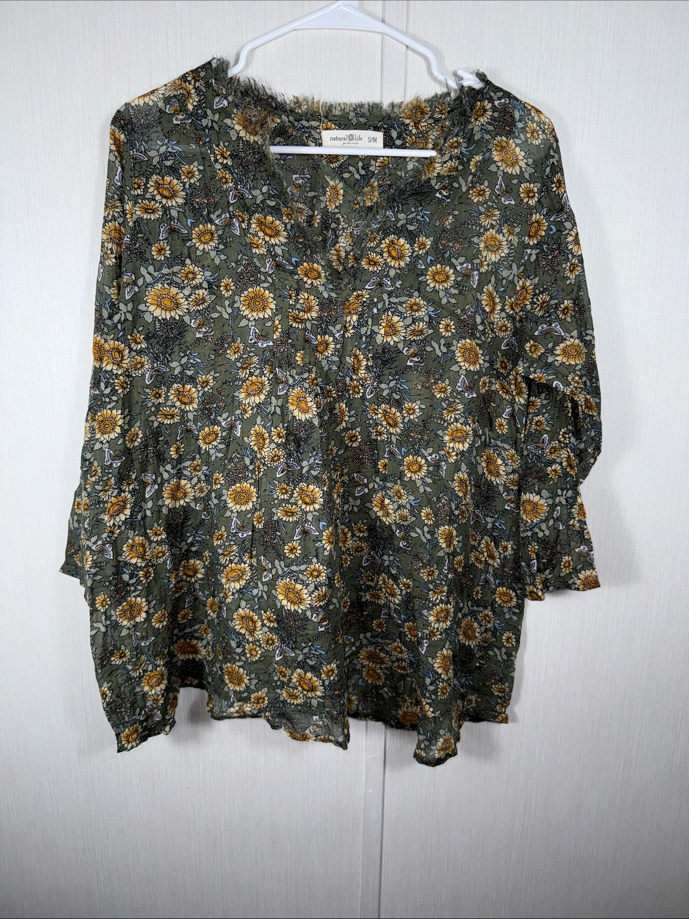Natural Life Floral 100% Cotton Tunic Top S/M Brown Boho Frayed V-Neck Fall